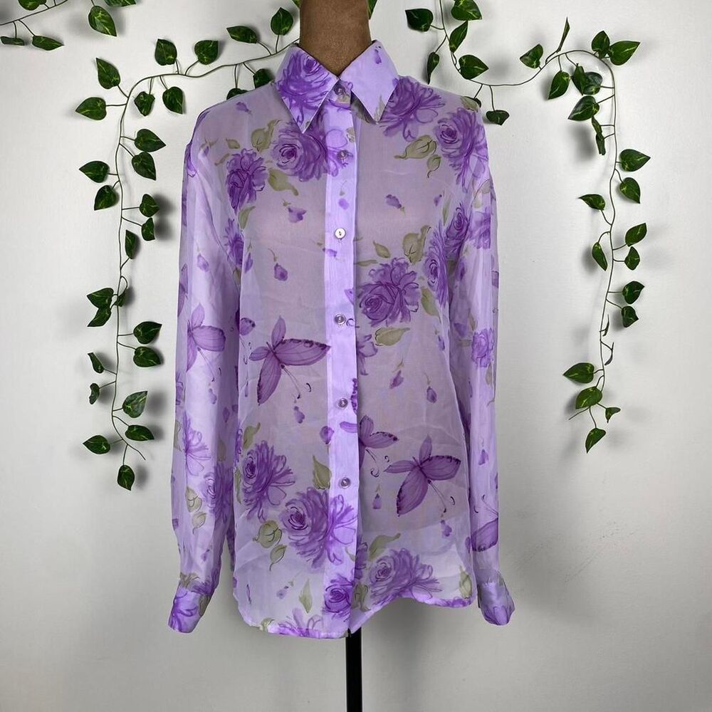 Purple floral butterfly button up blouse sheer tulle top layering fairy